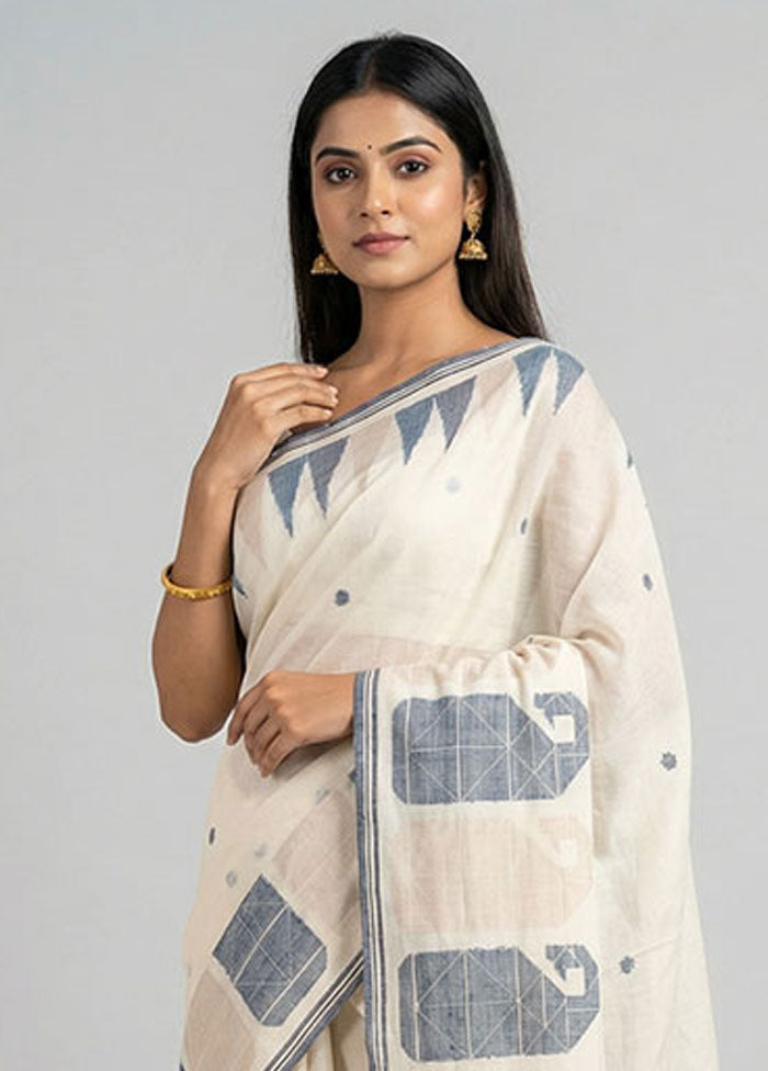 White Khadi Cotton Saree With Blouse Piece