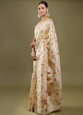 Cream Tussar Silk Saree With Blouse Piece
