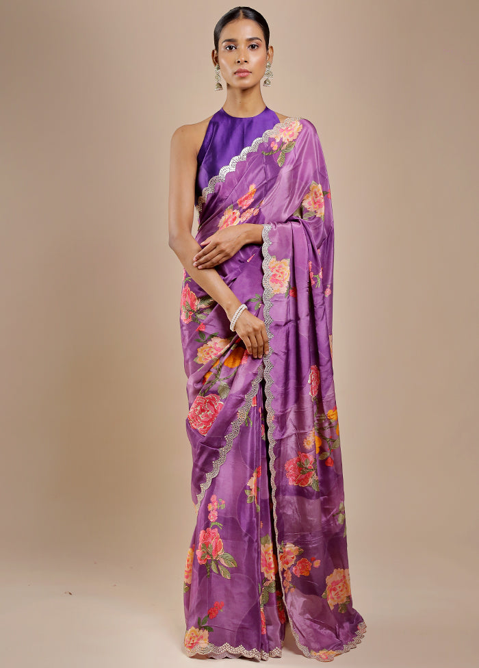 Purple Printed Pure Silk Saree Without Blouse Piece