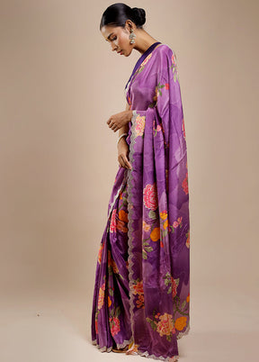 Purple Printed Pure Silk Saree Without Blouse Piece