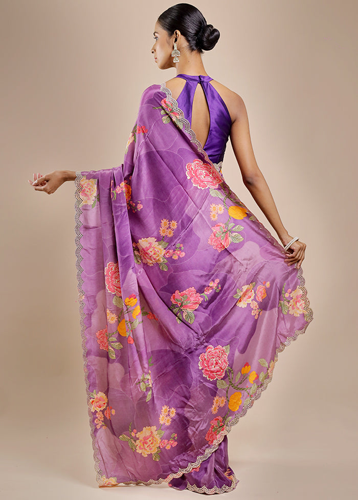 Purple Printed Pure Silk Saree Without Blouse Piece