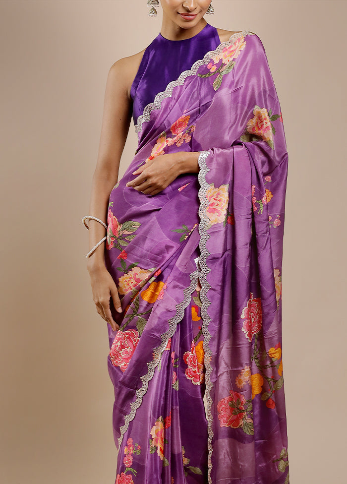 Purple Printed Pure Silk Saree Without Blouse Piece