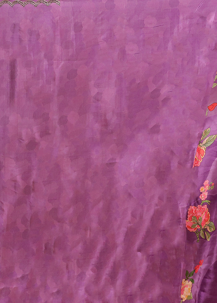 Purple Printed Pure Silk Saree Without Blouse Piece