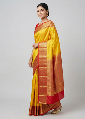 Yellow Handloom Kanchipuram Pure Silk Saree With Blouse Piece