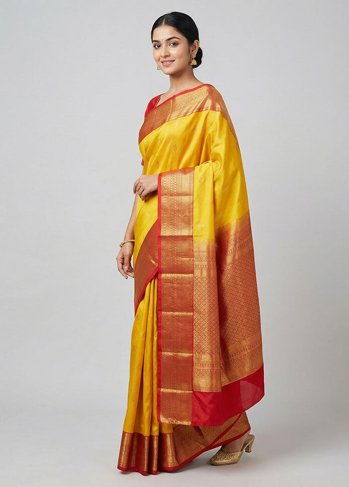 Yellow Handloom Kanchipuram Pure Silk Saree With Blouse Piece