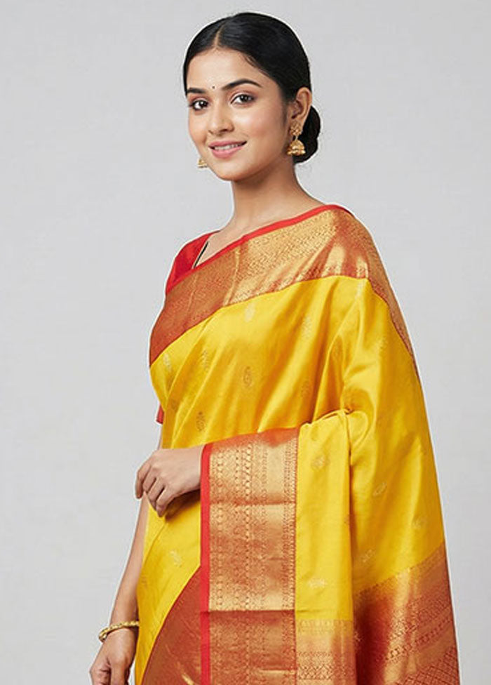 Yellow Handloom Kanchipuram Pure Silk Saree With Blouse Piece