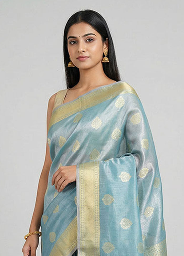 Blue Tissue Silk Saree With Blouse Piece