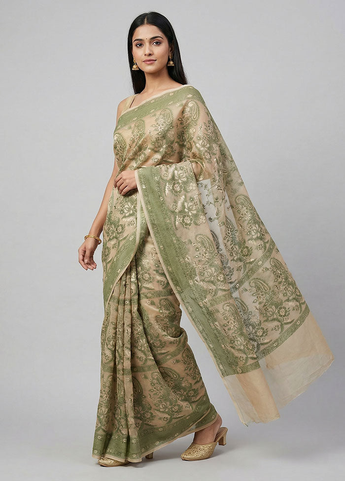 Cream Kora Silk Saree With Blouse Piece