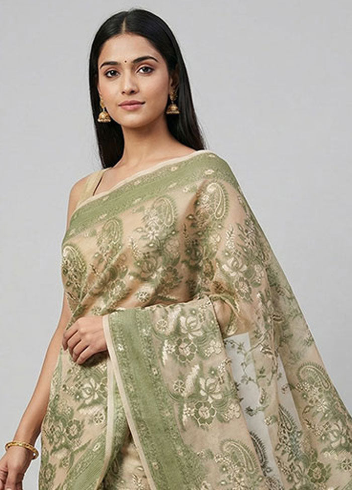 Cream Kora Silk Saree With Blouse Piece