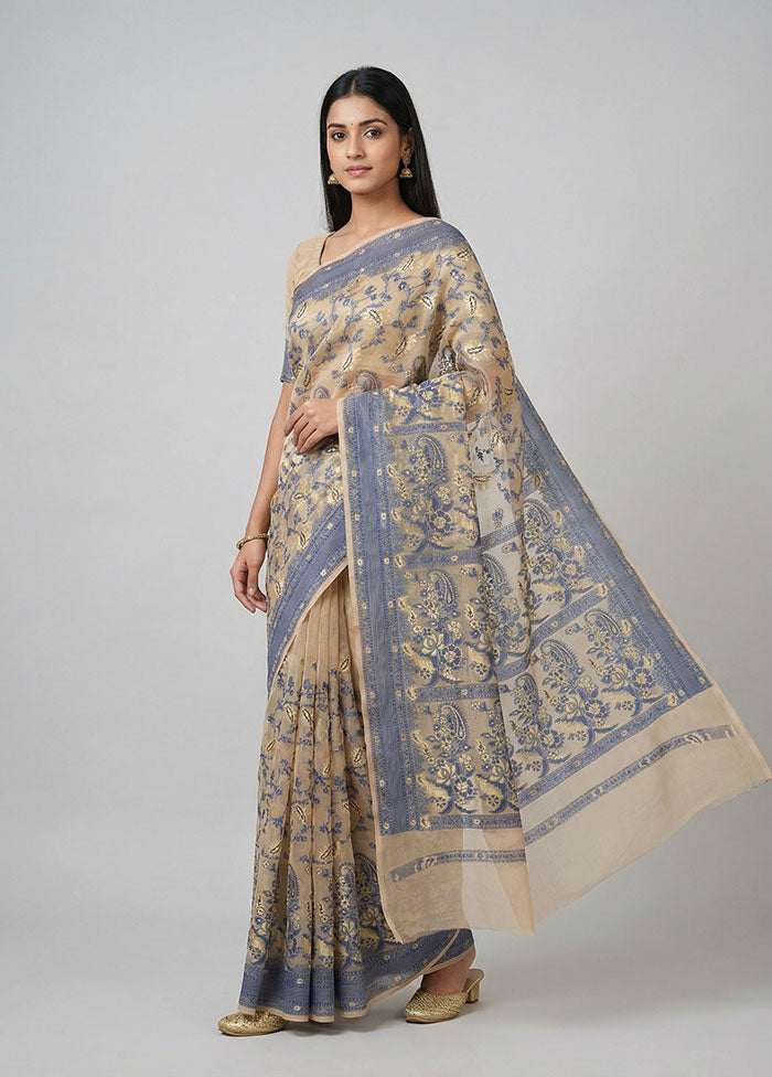 Cream Kora Silk Saree With Blouse Piece