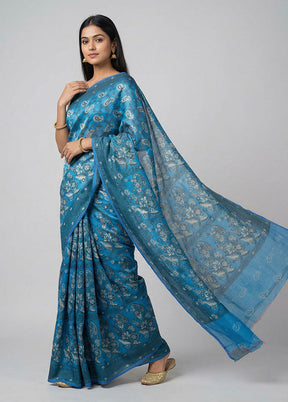 Blue Kora Silk Saree With Blouse Piece