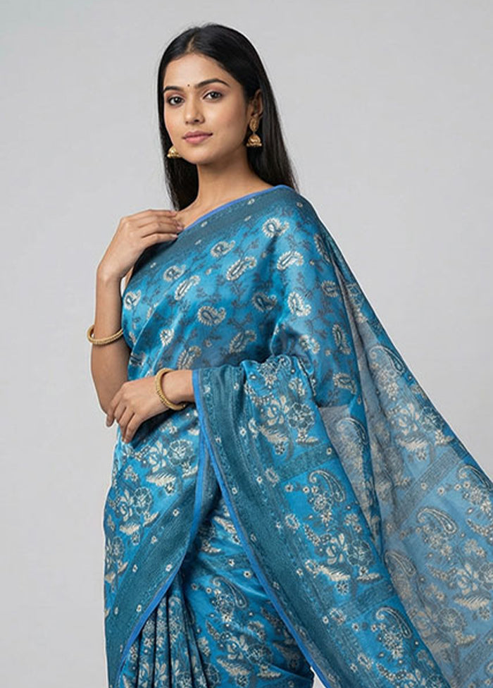 Blue Kora Silk Saree With Blouse Piece