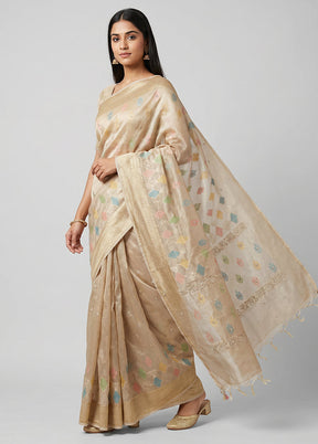 Cream Handloom Tissue Pure Silk Saree With Blouse Piece