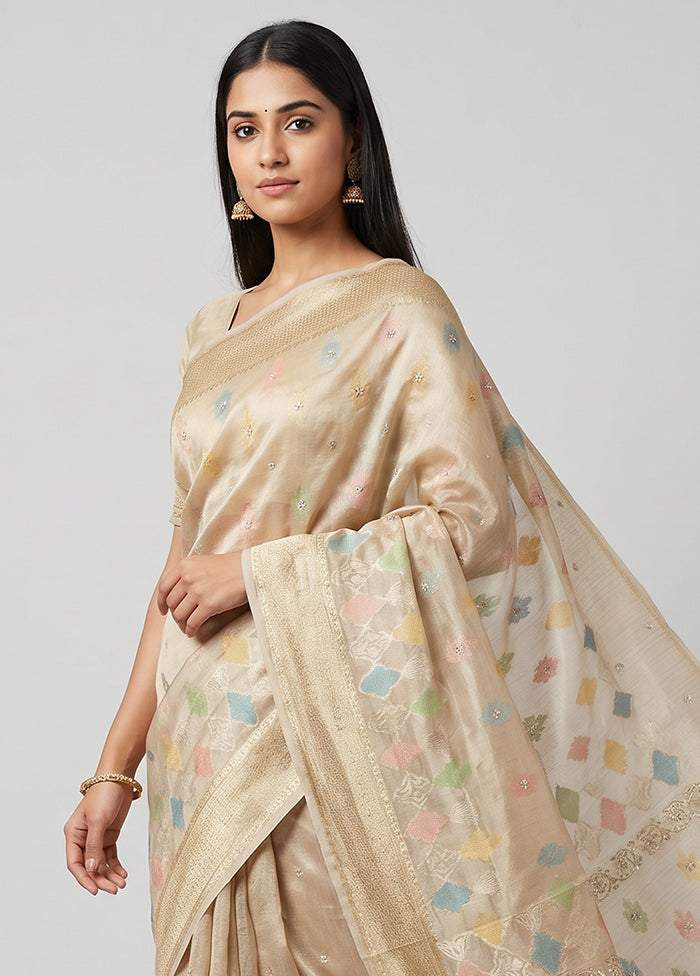 Cream Handloom Tissue Pure Silk Saree With Blouse Piece