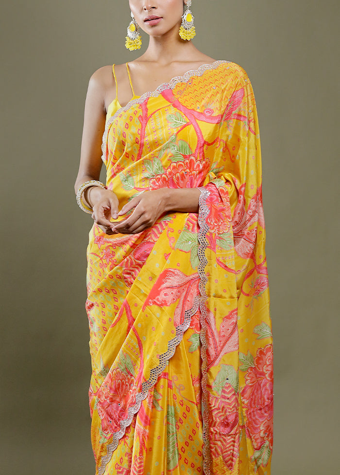 Yellow Printed Pure Silk Saree Without Blouse Piece
