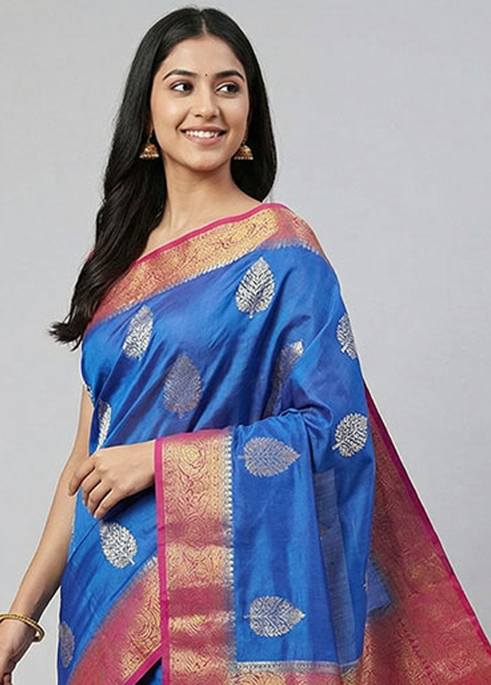 Blue Handloom Dupion Pure Silk Saree With Blouse Piece