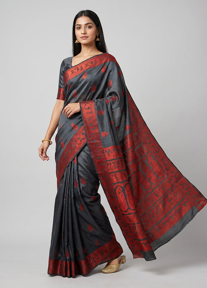 Black Handloom Baluchari Pure Silk Saree With Blouse Piece