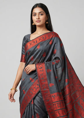 Black Handloom Baluchari Pure Silk Saree With Blouse Piece