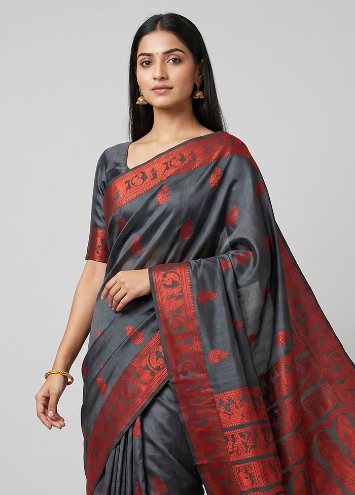 Black Handloom Baluchari Pure Silk Saree With Blouse Piece