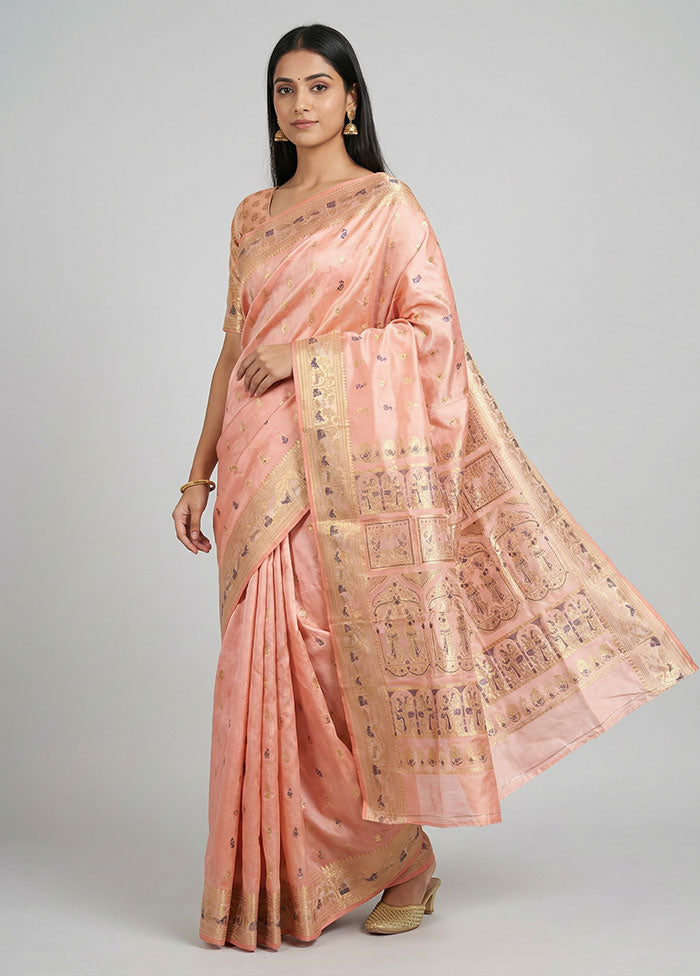 Pink Handloom Baluchari Pure Silk Saree With Blouse Piece