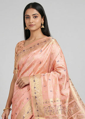 Pink Handloom Baluchari Pure Silk Saree With Blouse Piece