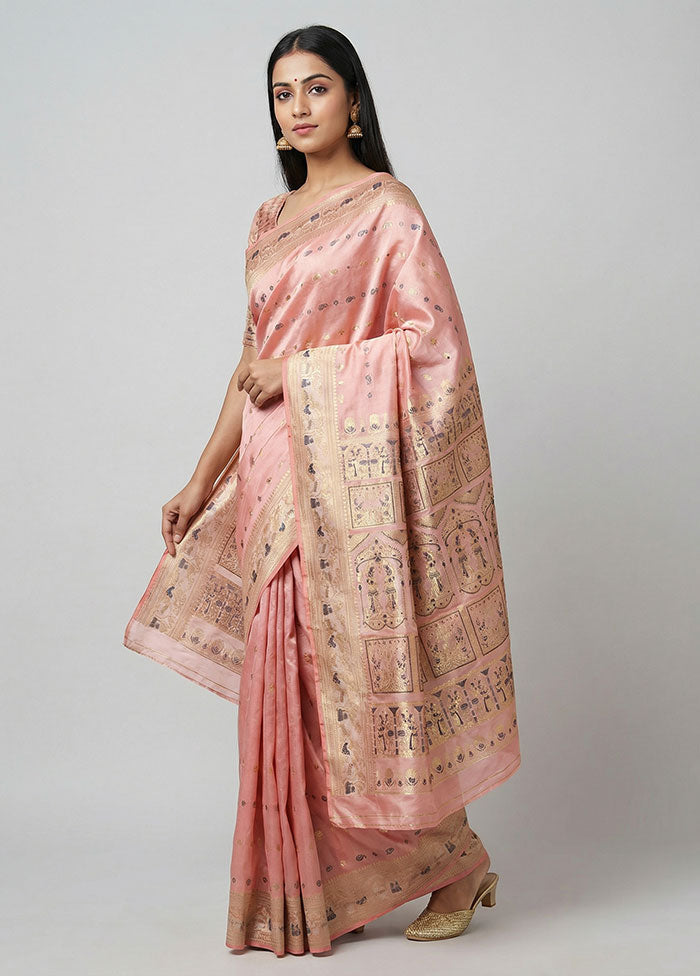 Pink Handloom Baluchari Pure Silk Saree With Blouse Piece