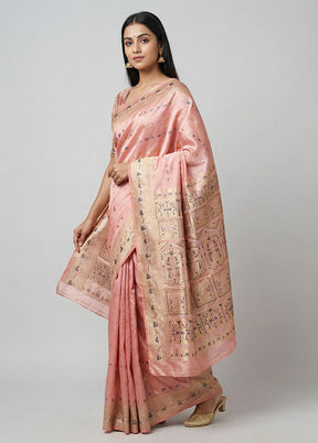 Pink Handloom Baluchari Pure Silk Saree With Blouse Piece