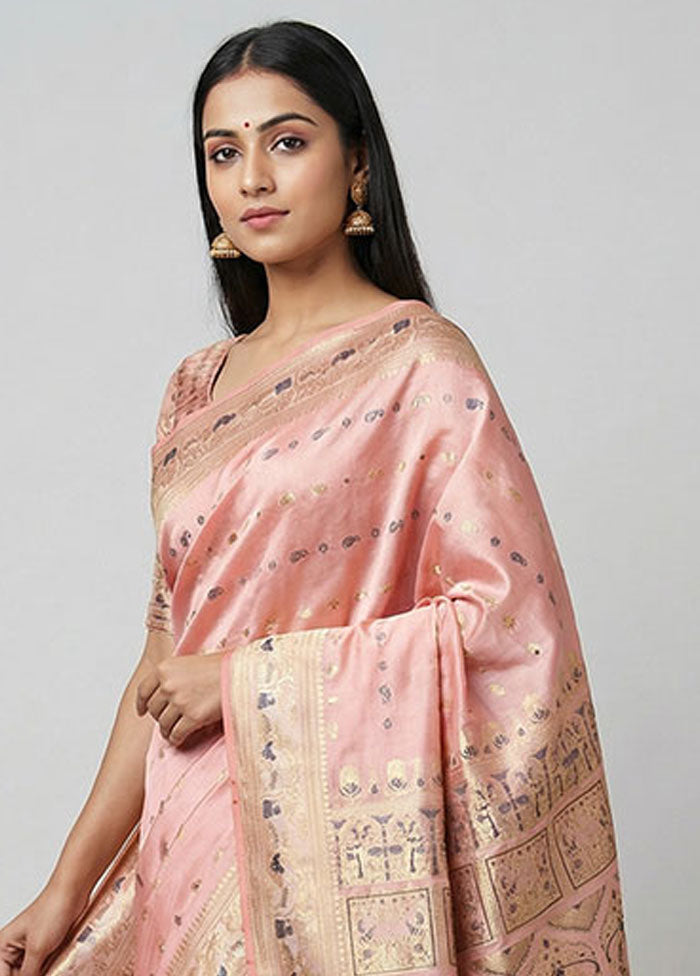 Pink Handloom Baluchari Pure Silk Saree With Blouse Piece