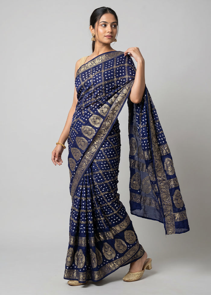 Blue Bandhej Silk Saree With Blouse Piece