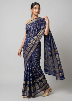 Blue Bandhej Silk Saree With Blouse Piece