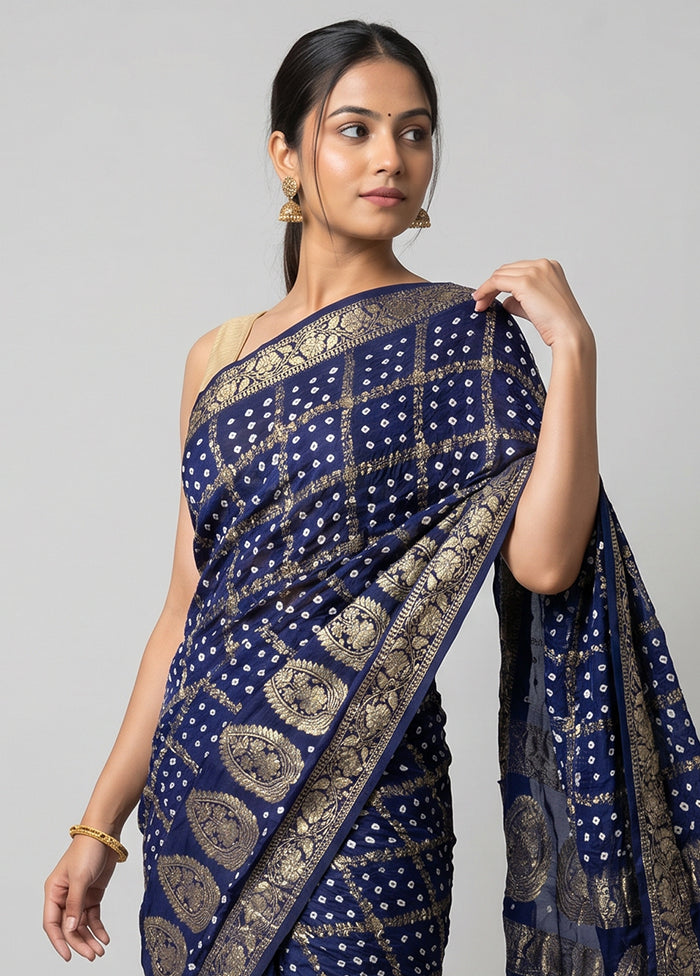 Blue Bandhej Silk Saree With Blouse Piece