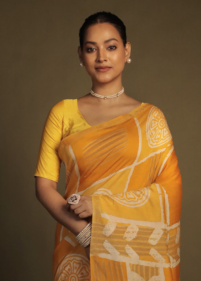Yellow Chanderi Cotton Saree With Blouse Piece