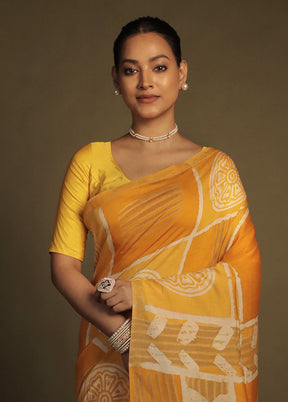 Yellow Chanderi Cotton Saree With Blouse Piece