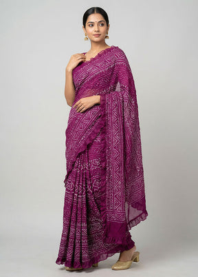 Purple Bandhej Silk Saree With Blouse Piece