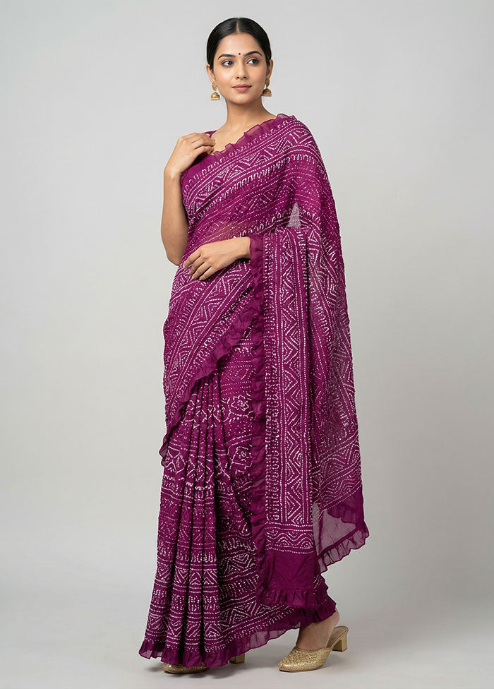 Purple Bandhej Silk Saree With Blouse Piece