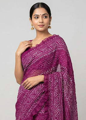 Purple Bandhej Silk Saree With Blouse Piece