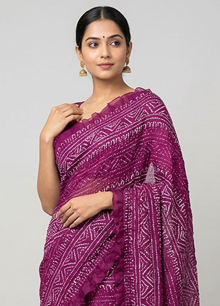 Purple Bandhej Silk Saree With Blouse Piece