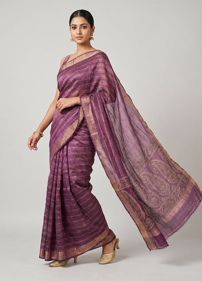 Purple Handloom Tussar Pure Silk Saree With Blouse Piece