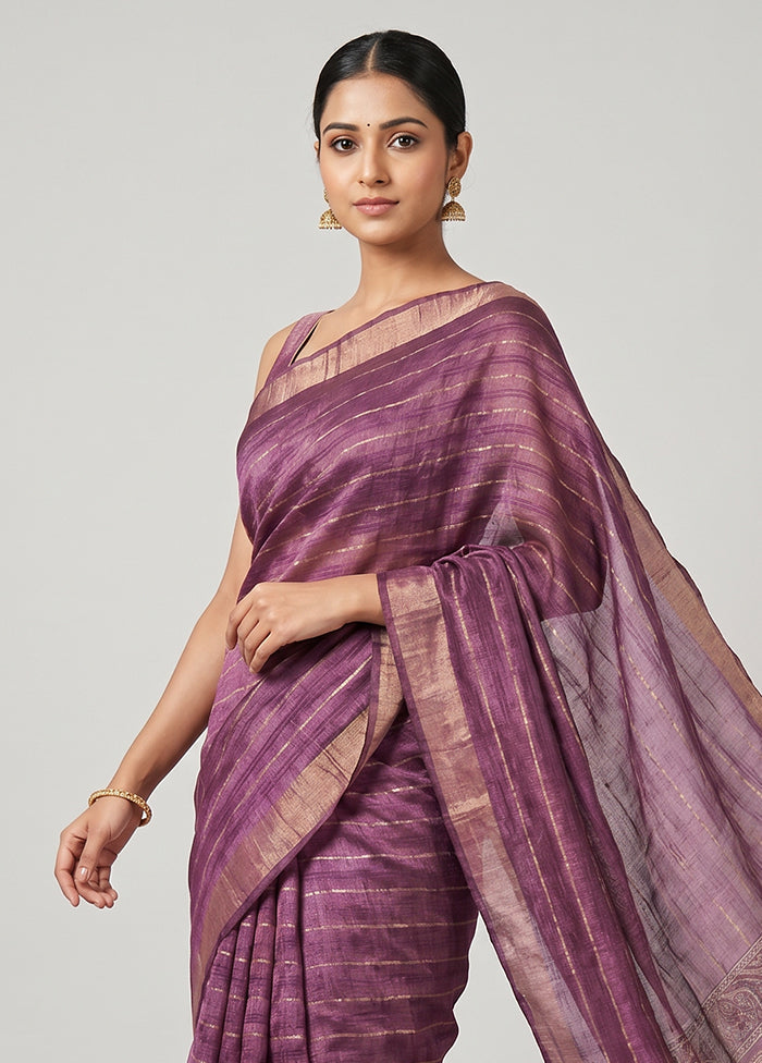 Purple Handloom Tussar Pure Silk Saree With Blouse Piece