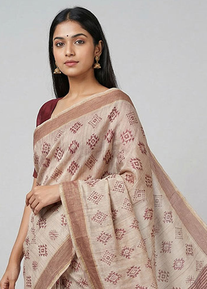 Cream Handloom Tussar Pure Silk Saree With Blouse Piece