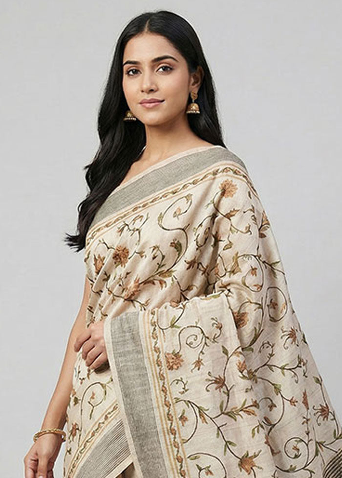Cream Handloom Tussar Pure Silk Saree With Blouse Piece