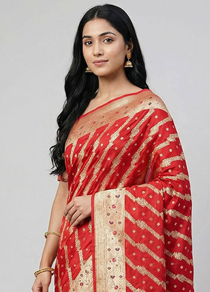 Red Handloom Banarasi Pure Silk Saree With Blouse Piece