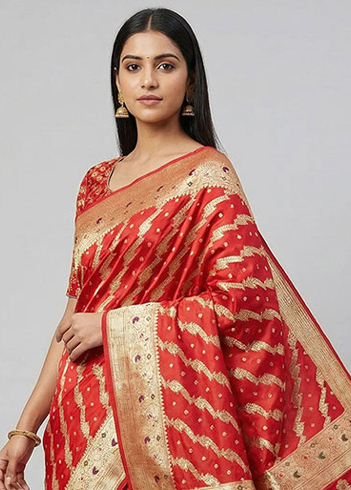 Red Handloom Banarasi Pure Silk Saree With Blouse Piece