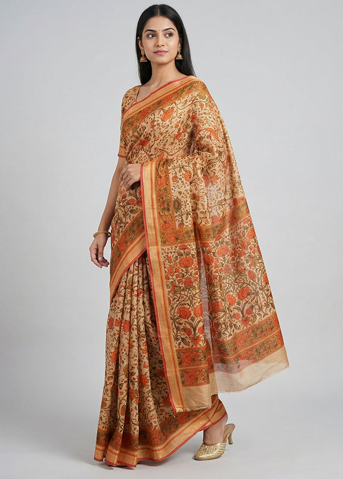 Cream Printed Pure Silk Saree Without Blouse Piece