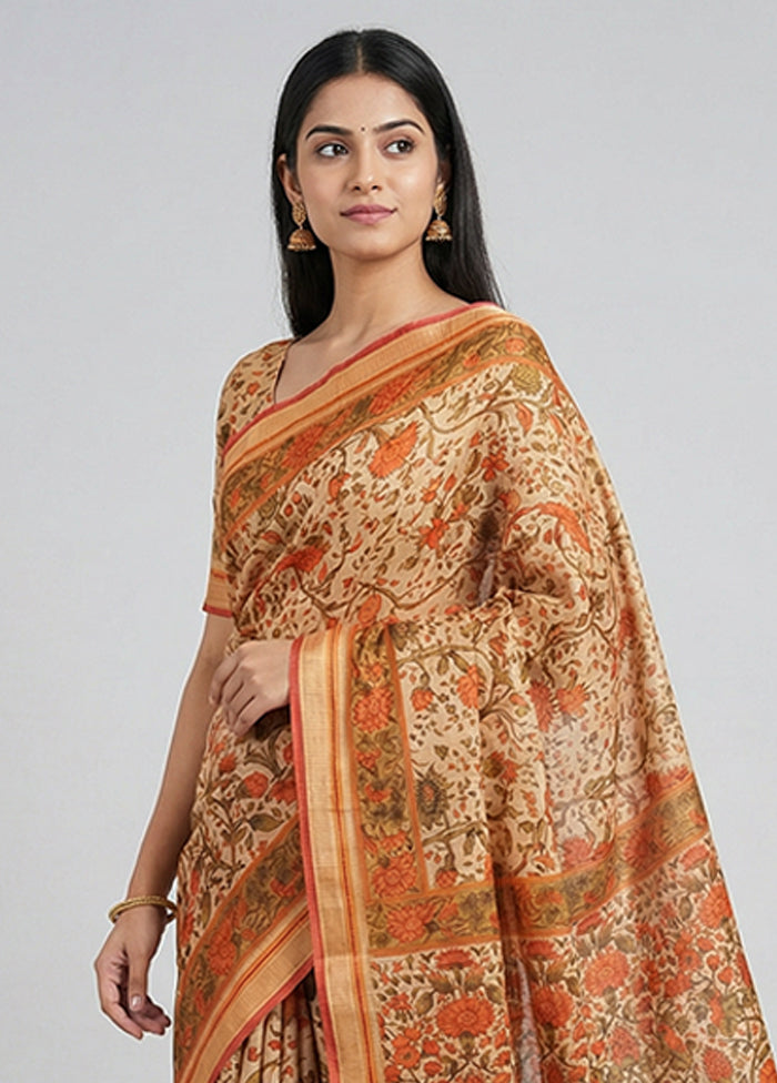 Cream Printed Pure Silk Saree Without Blouse Piece