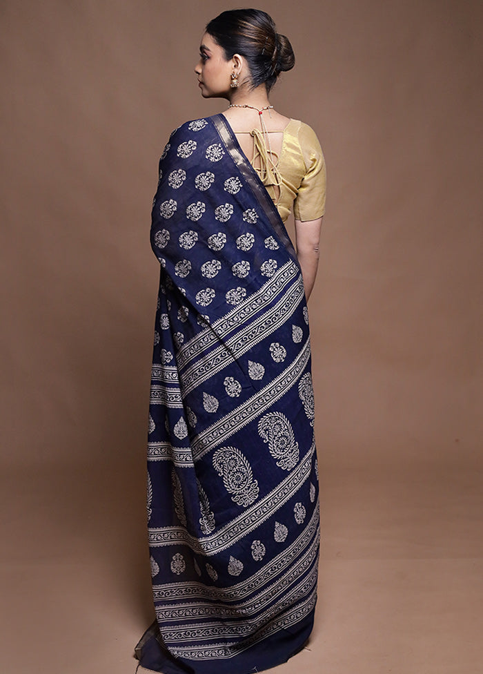 Blue Chanderi Cotton Saree With Blouse Piece