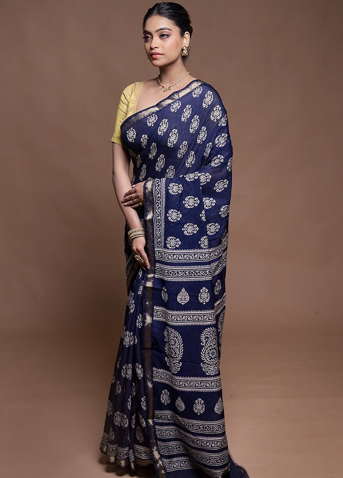 Blue Chanderi Cotton Saree With Blouse Piece
