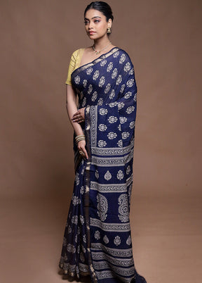 Blue Chanderi Cotton Saree With Blouse Piece
