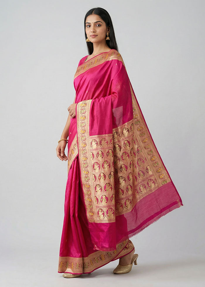Pink Handloom Banarasi Pure Silk Saree With Blouse Piece