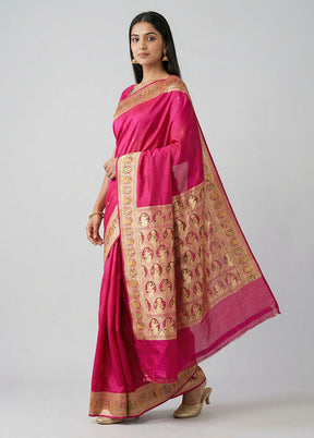 Pink Handloom Banarasi Pure Silk Saree With Blouse Piece